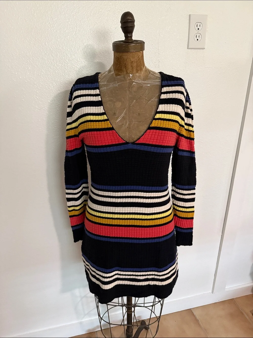 Free People Gidget Striped V-Neck Knit Dress in Multi-Color Size M